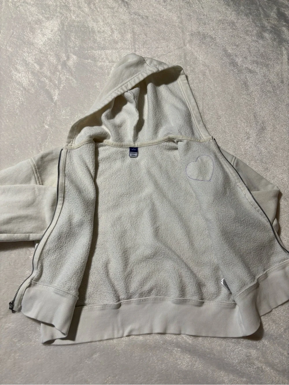 Old Navy Cream Zip Hoodie with Purple Check Heart